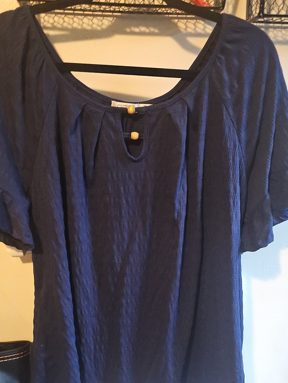 Women's Navy Pleated Boho Tunic with Wooden Bead Detail